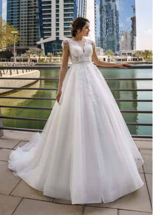 Scalloped V Neck Beaded White Lace Tulle Wedding Dress